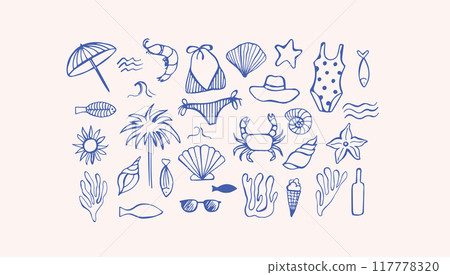Sea life doodle hand drawn vector illustrations. Mediterranean life in blue color 117778320