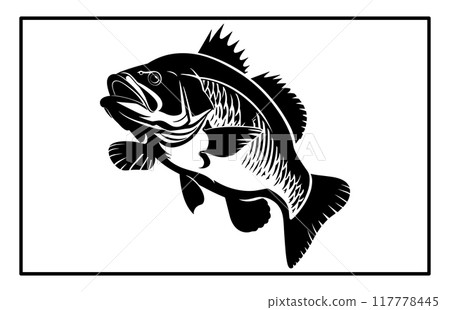 Bass fish silhouette art white background, black and white of largemouth bass fish 117778445