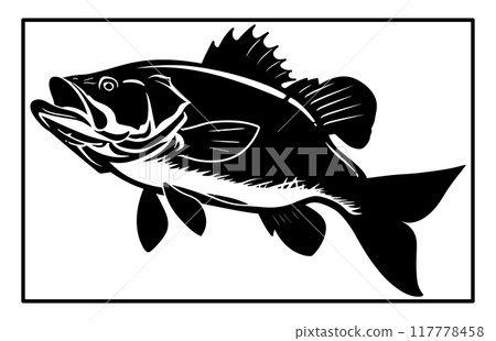 Bass fish silhouette art white background, black and white of largemouth bass fish 117778458