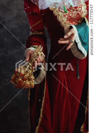 Closeup on medieval queen in red dress with dried flower Closeup on medieval queen in red dress with dried flower 117778547