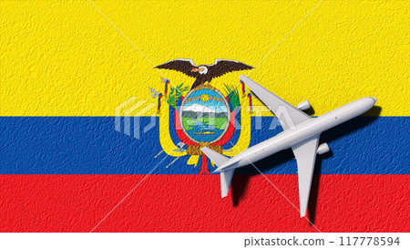 Ecuador National Flag And Airplane Fly. Aircraft Flies To Country. Flight And Travel 3D Illustration 117778594