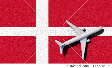 Denmark National Flag And Airplane Fly. Aircraft Flies To Country. Flight And Travel 3D Illustration 117778595