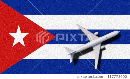 Cuba National Flag And Airplane Fly. Aircraft Flies To Country. Flight And Travel 3D Illustration 117778600