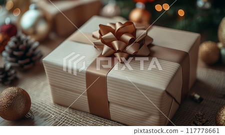 Elegant wrapped gift box with beige satin ribbon, decorations. Christmas background. Generative AI Elegant wrapped gift box with beige satin ribbon, decorations. Christmas background. Generative AI 117778661