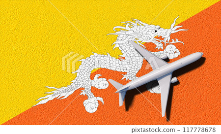 Bhutan National Flag And Airplane Fly. Aircraft Flies To Country. Flight And Travel 3D Illustration 117778678