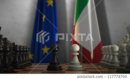 Italy And EU Flags. Politics And Conflict Concept 3D Illustration. Chess Board Game Play Italy And EU Flags. Politics And Conflict Concept 3D Illustration. Chess Board Game Play 117778700