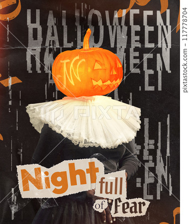 Surreal Halloween artwork featuring carved pumpkin wearing frilly collar, with layered text. Medieval fear-filled night. Contemporary art collage. 117778704