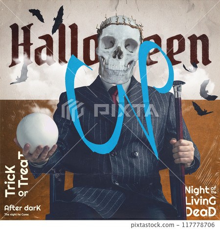 Dark, stylish figure with skull for head, holding glowing orb, against background of bats and Halloween-themed text. Poster. Contemporary art collage. 117778706