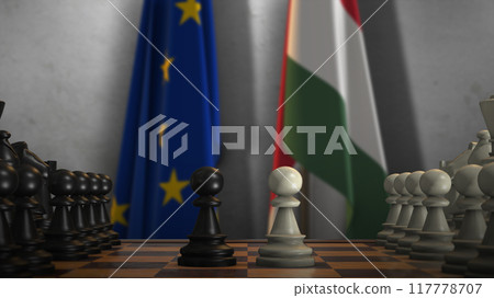 Hungary And EU Flags. Politics And Conflict Concept 3D Illustration. Chess Board Game Play 117778707