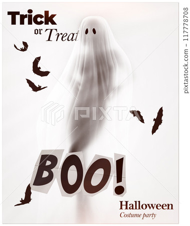Minimalist Halloween poster with ghostly figure and bats, framed by words Trick or Treat and Boo, evoking classic spooky vibe. Contemporary art collage. Minimalist Halloween poster with ghostly figure and bats, framed by words Trick or Treat and Boo, evoking classic spooky vibe. Contemporary art collage. 117778708