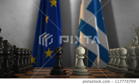 Greece And EU Flags. Politics And Conflict Concept 3D Illustration. Chess Board Game Play Greece And EU Flags. Politics And Conflict Concept 3D Illustration. Chess Board Game Play 117778709