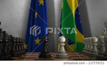 Brazil And EU Flags. Politics And Conflict Concept 3D Illustration. Chess Board Game Play Brazil And EU Flags. Politics And Conflict Concept 3D Illustration. Chess Board Game Play 117778721
