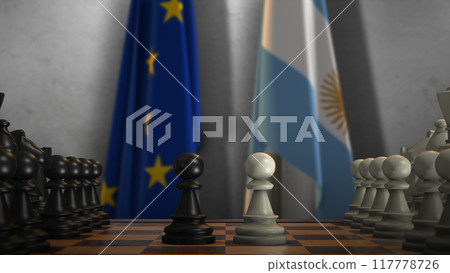 Argentina And EU Flags. Politics And Conflict Concept 3D Illustration. Chess Board Game Play Argentina And EU Flags. Politics And Conflict Concept 3D Illustration. Chess Board Game Play 117778726