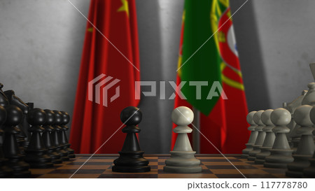 Portugal And China National Flags. Politics And Conflict 3D Illustration. Chess Board Game Play Portugal And China National Flags. Politics And Conflict 3D Illustration. Chess Board Game Play 117778780