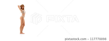 Full-length image of young beautiful woman with slim, fit, heathy body posing in underwear isolated on white background Full-length image of young beautiful woman with slim, fit, heathy body posing in underwear isolated on white background 117778898