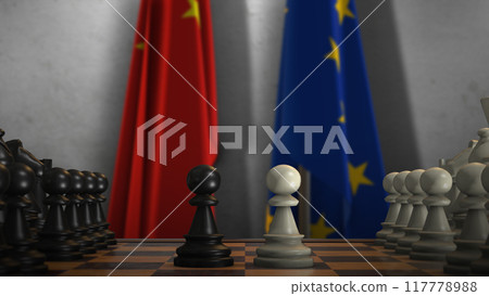 EU And China National Flags. Politics And Conflict 3D Illustration. Chess Board Game Play 117778988