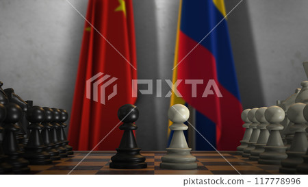 Colombia And China National Flags. Politics And Conflict 3D Illustration. Chess Board Game Play Colombia And China National Flags. Politics And Conflict 3D Illustration. Chess Board Game Play 117778996