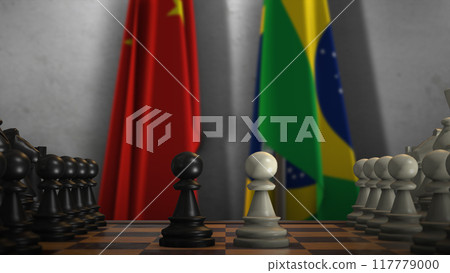 Brazil And China National Flags. Politics And Conflict 3D Illustration. Chess Board Game Play Brazil And China National Flags. Politics And Conflict 3D Illustration. Chess Board Game Play 117779000