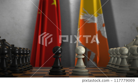 Bhutan And China National Flags. Politics And Conflict 3D Illustration. Chess Board Game Play Bhutan And China National Flags. Politics And Conflict 3D Illustration. Chess Board Game Play 117779009