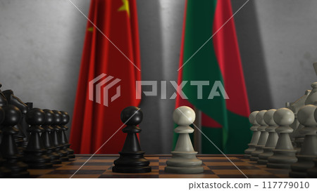 Bangladesh And China National Flags. Politics And Conflict 3D Illustration. Chess Board Game Play 117779010