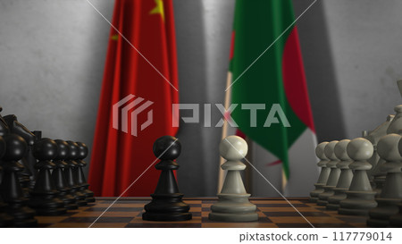 Algeria And China National Flags. Politics And Conflict 3D Illustration. Chess Board Game Play Algeria And China National Flags. Politics And Conflict 3D Illustration. Chess Board Game Play 117779014