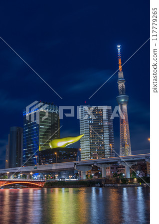 Night view along the Sumida River in Asakusa, Taito Ward, Tokyo, Japan, and the illuminated Tokyo Skytree 117779265