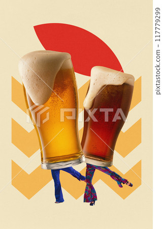 Poster. Contemporary art collage. Two beer pints, one dark and one light, stand on dancing legs, representing unity of different tastes in celebration. Poster. Contemporary art collage. Two beer pints, one dark and one light, stand on dancing legs, representing unity of different tastes in celebration. 117779299