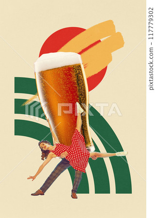 Poster. Contemporary art collage. Couple dances, giant beer glass and man, their movements echoing joy and flow of celebration. Concept of New year party. Poster. Contemporary art collage. Couple dances, giant beer glass and man, their movements echoing joy and flow of celebration. Concept of New year party. 117779302