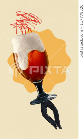 Poster. Contemporary art collage. Dark beer glass with business legs humorously mixes formal attire with festive cheer. Concept of Oktoberfest. Poster. Contemporary art collage. Dark beer glass with business legs humorously mixes formal attire with festive cheer. Concept of Oktoberfest. 117779326