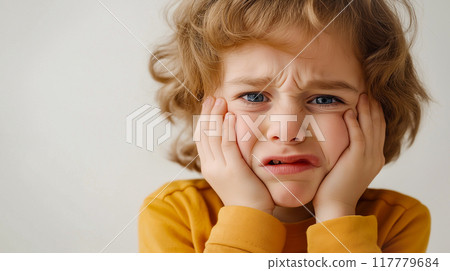 Simple background material of a child holding his cheek Simple background material of a child holding his cheek 117779684