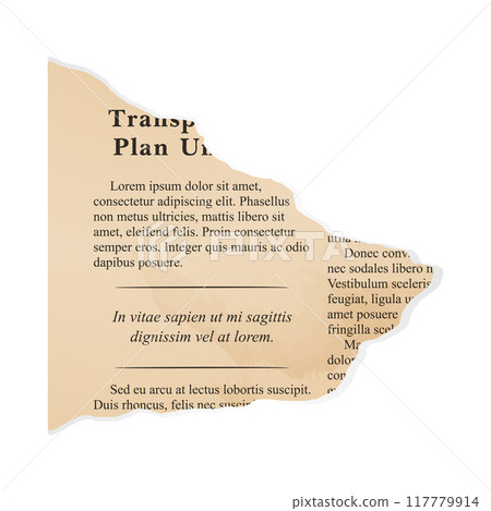 A scrap of old yellowed newspaper, an element of collage. 117779914