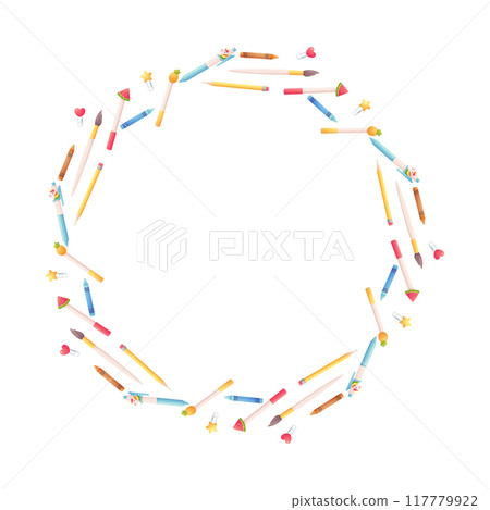 Frame of pens and pencils, preparation for school. Vector illustration isolated. 117779922