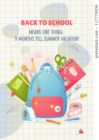 Back to school preparation, sales, school discounts banner, poster. Pens, pencil, backpack 117779936