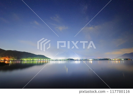 City lights reflected in Lake Kawaguchi at night City lights reflected in Lake Kawaguchi at night 117780116