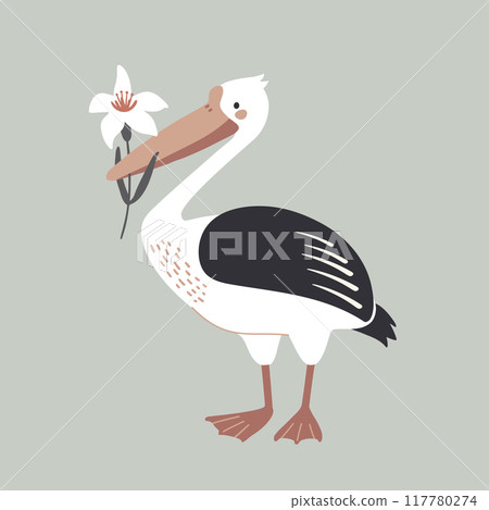 white pelican bird with flower in beak, flat style vector illustration	 117780274
