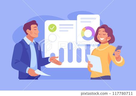 Business Process with Man and Woman Busy with Analytics Vector Illustration 117780711