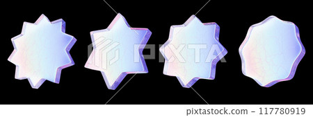 3D glass star icon set, transparent y2k cosmic crystal shape, futuristic geometric ice object. 3D glass star icon set, transparent y2k cosmic crystal shape, futuristic geometric ice object. 117780919