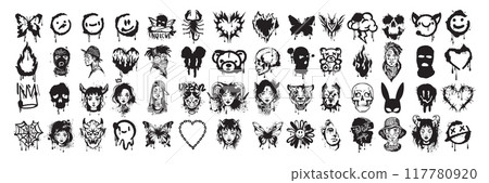 Graffiti icon set, vector grunge street art tattoo, urban splatter effect sticker, girl portrait.  117780920