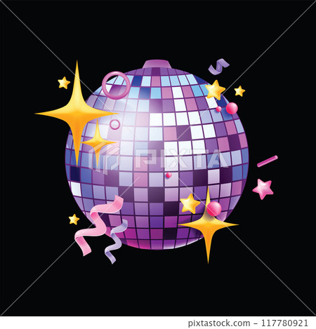 3D disco ball vector icon, holiday night club decoration, New Year party vintage sphere, confetti.  117780921