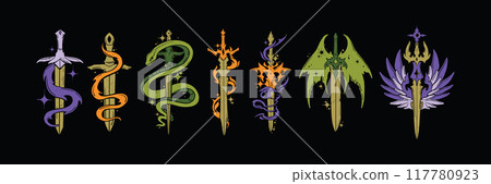 Fantasy sword tattoo set, linocut vector magic blade, dragon wings, color fairy tale silhouette kit. Fantasy sword tattoo set, linocut vector magic blade, dragon wings, color fairy tale silhouette kit. 117780923