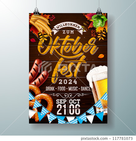 Oktoberfest Party Poster Illustration with Fresh Lager Beer, Pretzel, Sausage and Blue and White Bavaria Party Flag on Vintage Wooden Background. Vector Celebration Flyer Template for Traditional 117781073