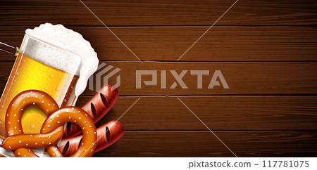 Oktoberfest Beer Festival Banner Illustration with Fresh Lager Beer, Pretzel and Sausage on Vintage Wooden Background. Vector Celebration Flyer Template for Traditional German Beer Festival. Oktoberfest Beer Festival Banner Illustration with Fresh Lager Beer, Pretzel and Sausage on Vintage Wooden Background. Vector Celebration Flyer Template for Traditional German Beer Festival. 117781075