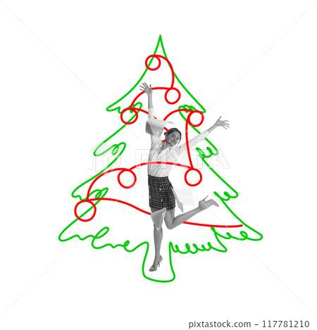Happy smiling business woman standing inside Christmas tree doodle and celebrating finishing projects and upcoming holidays. Contemporary art collage. 117781210