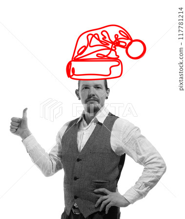 Portrait of confident businessman with drawn hat doodle showing positive hand gesture. Holiday spirit in professional world. Contemporary art collage. Portrait of confident businessman with drawn hat doodle showing positive hand gesture. Holiday spirit in professional world. Contemporary art collage. 117781214