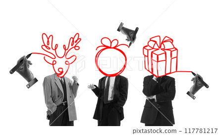 Businessmen with abstract Christmas doodles on head talking. Holiday-themed brainstorming, creative thinking. Contemporary art collage. Businessmen with abstract Christmas doodles on head talking. Holiday-themed brainstorming, creative thinking. Contemporary art collage. 117781217