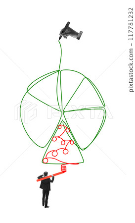 Businessman standing at pie chart, one segment reshaped into Christmas tree. Contemporary art collage. Goals, analytics and strategy. Businessman standing at pie chart, one segment reshaped into Christmas tree. Contemporary art collage. Goals, analytics and strategy. 117781232