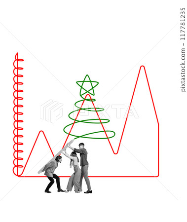 Three colleagues drawing together with giant pencil Christmas tree out of red notebook. Contemporary art collage. Teamwork, professional achievement Three colleagues drawing together with giant pencil Christmas tree out of red notebook. Contemporary art collage. Teamwork, professional achievement 117781235