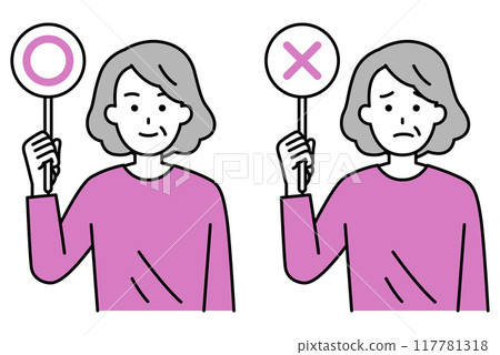 一位老婦舉著帶有○×標記的標語牌 一位老婦舉著帶有○×標記的標語牌 117781318