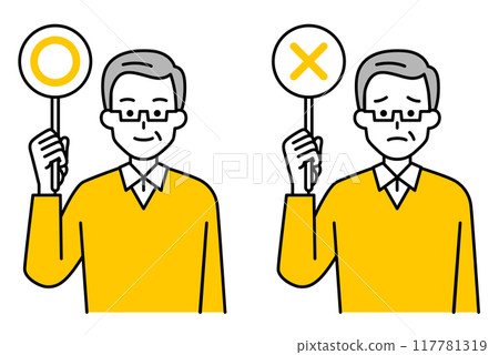 An elderly man holding up a placard with a circle or cross mark 117781319