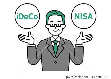 A middle-aged man in a suit presenting the options of iDeco and NISA 117781386